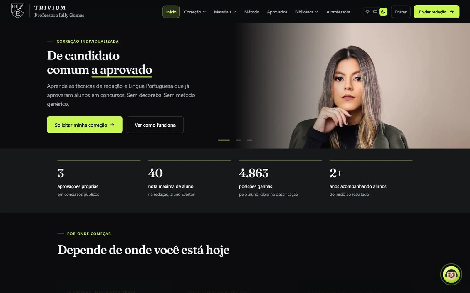 Página inicial do site da Professora Ially Gomes, no tema escuro